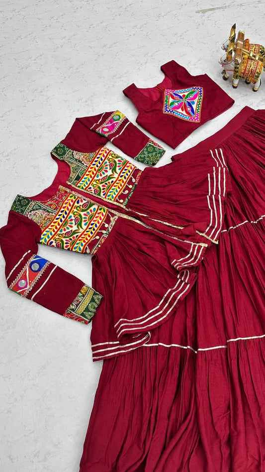 Navratri Pure Cotton Koti Chaniya Choli with Gamthi Work and Ribbon Lace Flared Lehenga