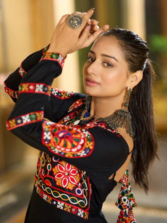 Black Rayon Designer Embroidered Gown – Perfect for Garba Night & Festive Celebrations