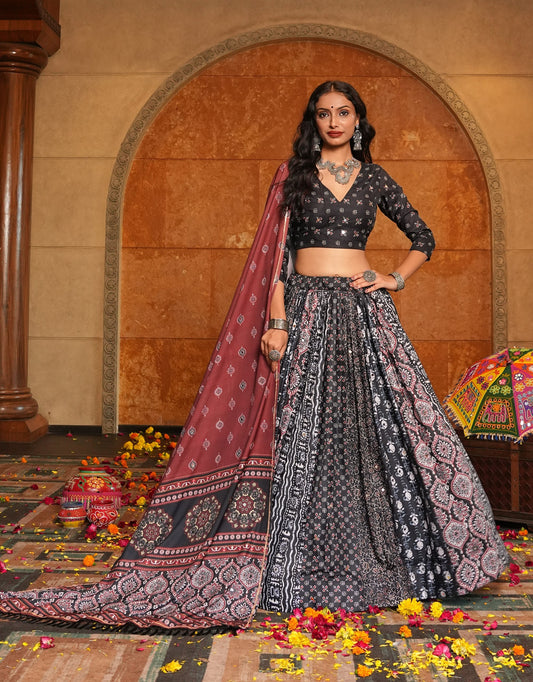 Black Crepe Print Work Navratri Lehenga Choli – Traditional Garba Night Set