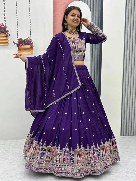 Women's Ethnic Navratri Purple Lehenga Choli with Embroidered Blouse & Bandhani Dupatta