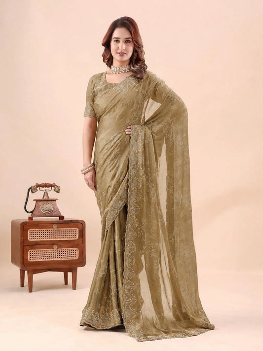 Fancy Zarkan Stone Work Scallop Border Saree for Women