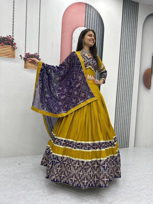 Women's Ethnic Navratri Yellow Lehenga Choli with Embroidered Blouse & Bandhani Dupatta