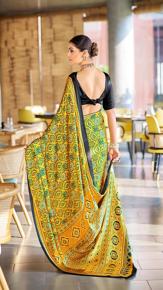 Brilliant Yellow Ajrakh Printed Soft Modal Silk Natural Print Saree