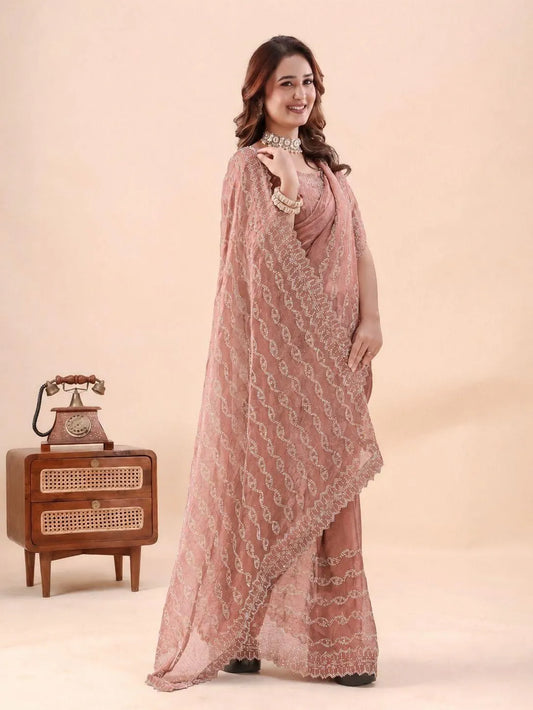 Fancy Zarkan Stone Work Scallop Border Saree for Women